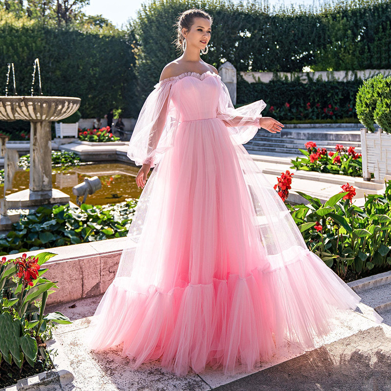 

Pink Tulle Prom Dresses Bateau Neck Long Sleeves Evening Party Women Wear Formal Gowns Lace Up Back Ruched A Line Bridal Dress China, Red