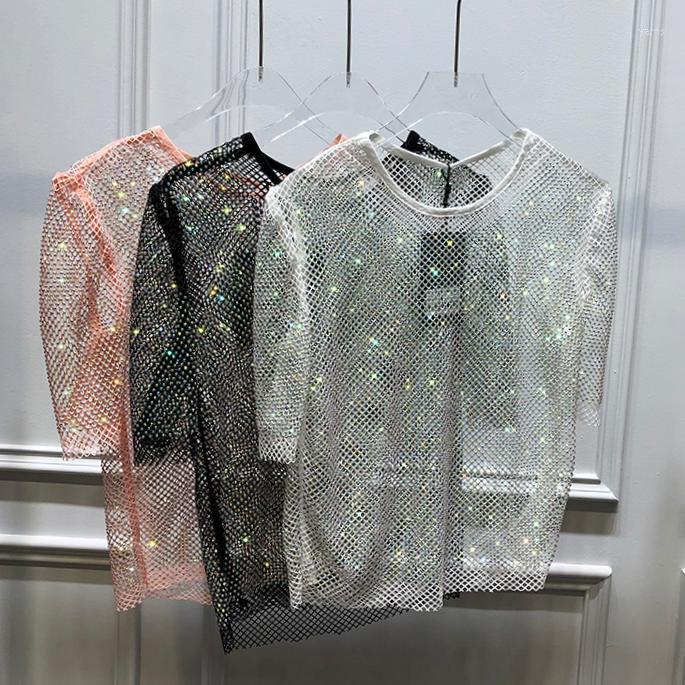 

Women's T-Shirt Bling Gemstones Tops Women Sexy Hollow Out Mesh T Shirts Luxury Rhinestones TshirtWomen's, Black