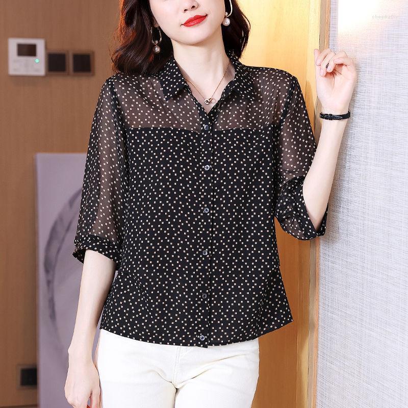 

Women's Blouses & Shirts Western Blouse Chiffon Summer Female 2022 Five -point Sleeve Thin Mid -sleeved Casual Fashion Printed Shirt TopsWom, Black