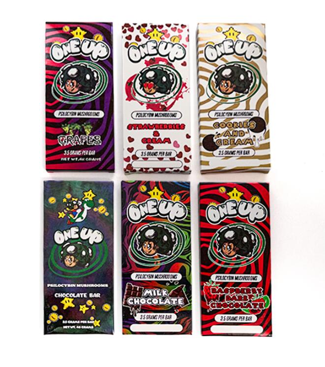

One Up Chocolate Bar Packing Boxes With 12 Grid Chocolates Mold Mushroom Shrooms 3.5G 3.5 Gram Oneup Packaging Package Box Cookies and Cream Display Box QR Code 7 Flavo