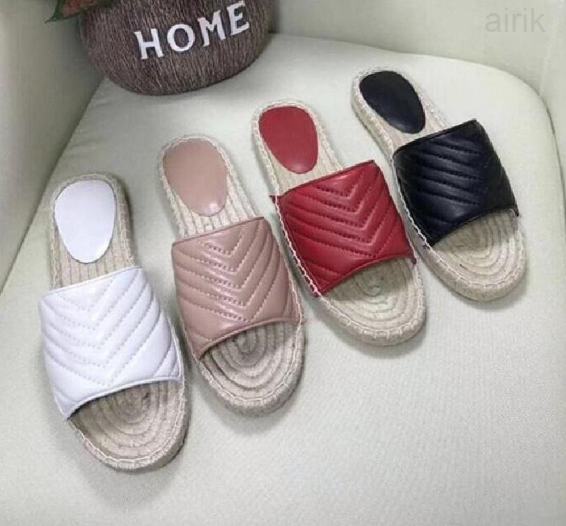 

2023 Luxury Designer Women Slipper Leather Espadrille Sandal Flat Platform Sscandals The Double Metal Beach Weave Shoes Top Qulity, Color 2