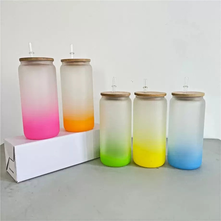 

16oz Sublimation Blanks Mug Jar Wide Mouth Glass Cups Tumbler Cans Beer Coffee Water Bottle Frosted Gradient Color Glasses With Bamboo Lids & Straws T0415