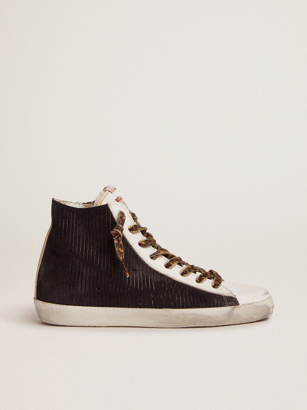 

High top small dirty shoes designer luxury Italian retro Francy sneakers in black suede with corduroy print and shearling lining, High quality laces