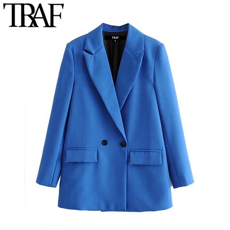 

TRAF Women Chic Office Lady Double Breasted Blazer Vintage Coat Fashion Notched Collar Long Sleeve Ladies Outerwear Stylish Tops 220402, As picture