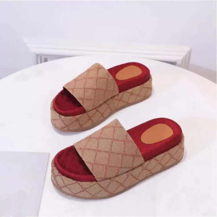 

Women's Double G Slide Sandal Designer Multicolor Platform Slippers Burgundy Mini Printing Fabric Rubber Sole Shoes, 016