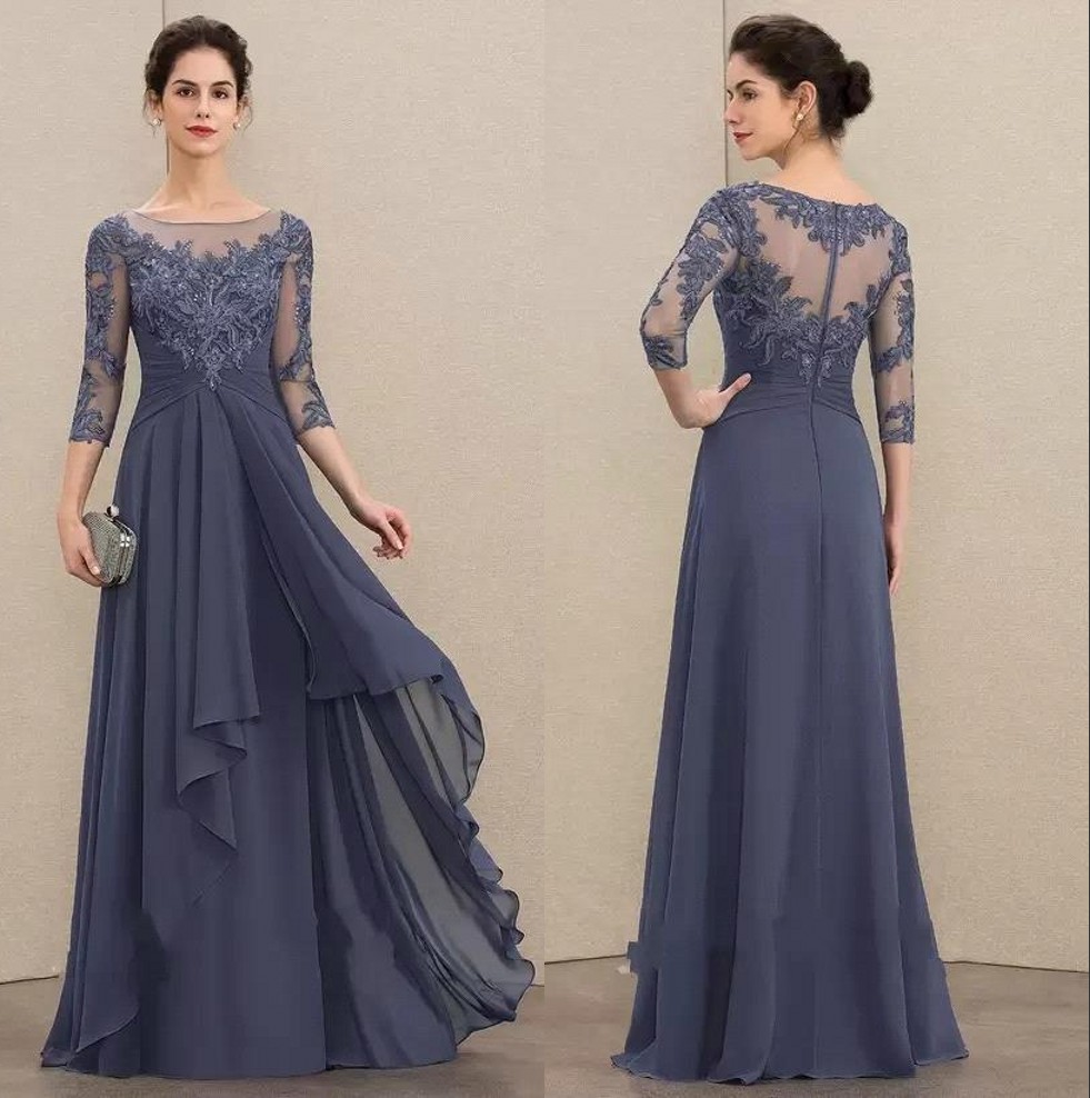 

Elegant Navy Scoop Neck Floor-Length Chiffon Lace Mother of the Bride Dresses With Cascading Ruffles Plus Size A-Line Mother Gowns BC13094