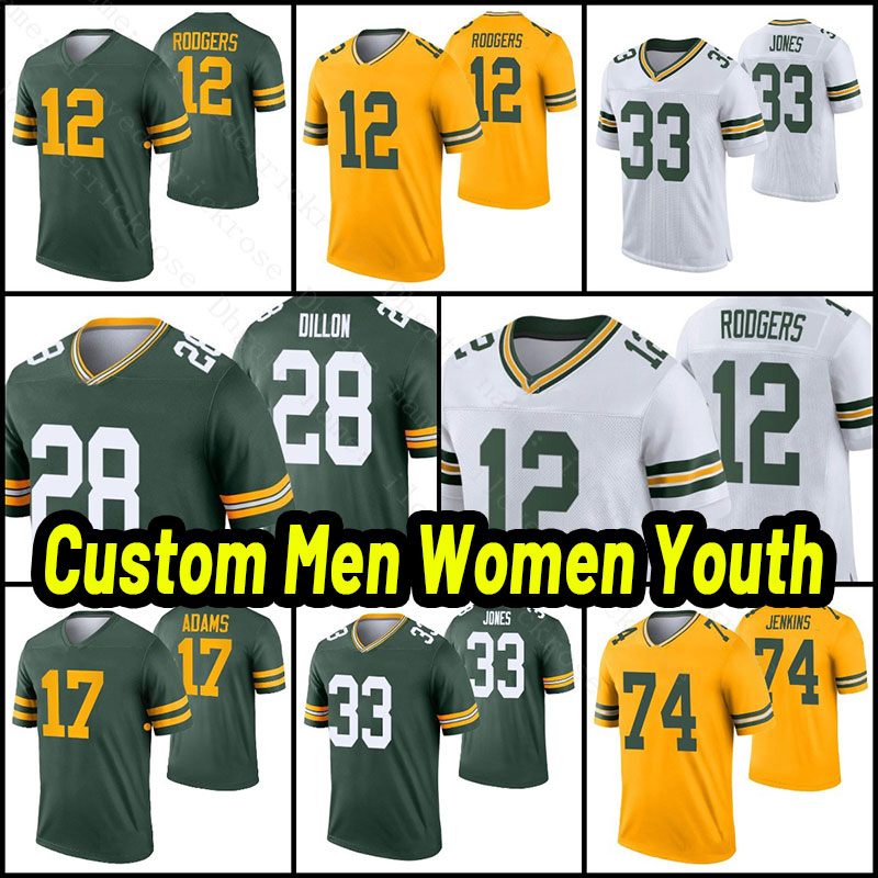 Custom 12 Aaron Rodgers 21 Eric Stokes Packer Football Jersey 33 Aaron Jones 17 Davante Adams David Bakhtiari Brett Favre AJ Dillon Allen Lazard