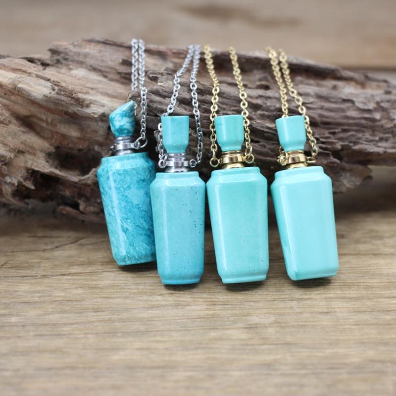 

Pendant Necklaces Natural Turquoises Perfume Bottle Pendants Chains Blue Howlite Stone Essential Oil Vial Charms Necklace Fashion Jewelry QC