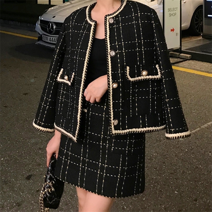 

European Style Autumn Winter 2 Piece Set Women Short Woolen Tweed Jacket Coat & Bodycon Mini Skirt Set Women Two Piece Outfits 220816, Black