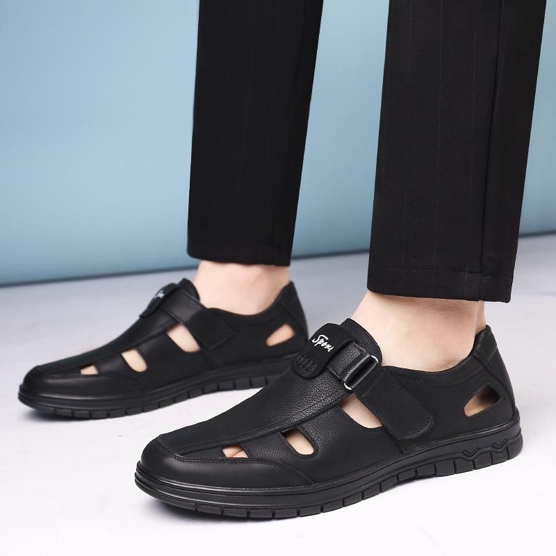 

Sandals Beach Summer Men Shoes 2022 Arrival Leather Platform Man Hook $ Loop Male, Black