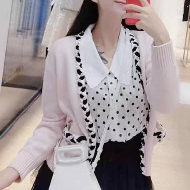 

AUTH Maje Contrast Knit Cardigan with Pearls Pale Pink Sweaters