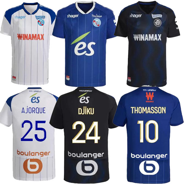 

22 23 RC Strasbourg Alsace soccer jerseys maillot de foot home blue 2022 2023 AHOLOU THOMASSON LiEnard Diallo DJIKU AJORQUE Gameiro football shirts home away third, 22 23 away man 2
