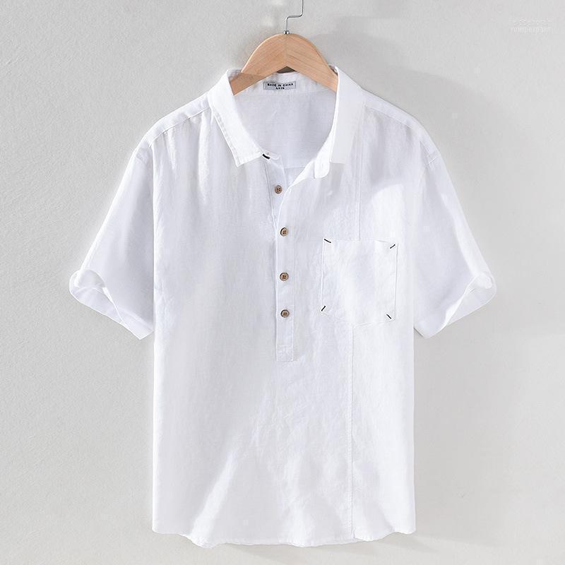 

Men's Short Sleeve Pullover Youth Linen Casual Square Collar Shirt Shirts Eldd22, White