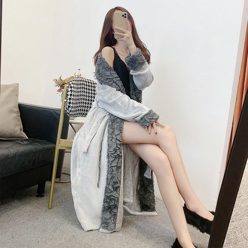 

Women' Sleepwear Pajamas Facecloth Robe Female Autumn And Winter Long Coral Velvet Thickened Couple Bathrobe Women Nightgown, Grey