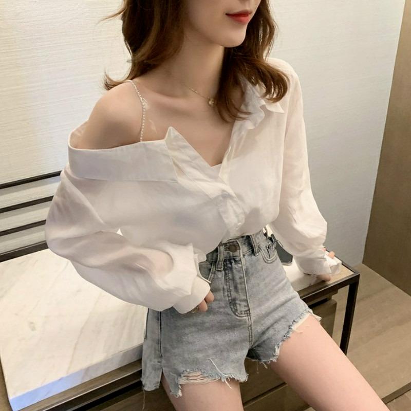 

Women' Blouses & Shirts Sexy Women Solid Skew Collar Off Shoulder Stylish Lady Elegant Chic Daily Long Sleeve Loose Blouse Top MujerWomen, White