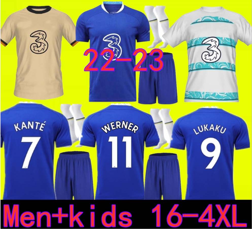 

Thailand LUKAKU 22 23 Soccer Jerseys MOUNT WERNER HAVERTZ CHILWELL ZIYECH 2022 2023 PULISIC home blue away yellow Football Shirt KANTE Men Kids set Kits uniform, 2023 home