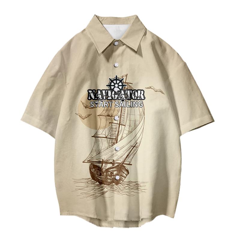 

Men' Casual Shirts European And American Foreign Trade 2022 Retro Nautical Peripheral 3D Printing Fashion Short-sleeved Shirt Men'sMen, Beige