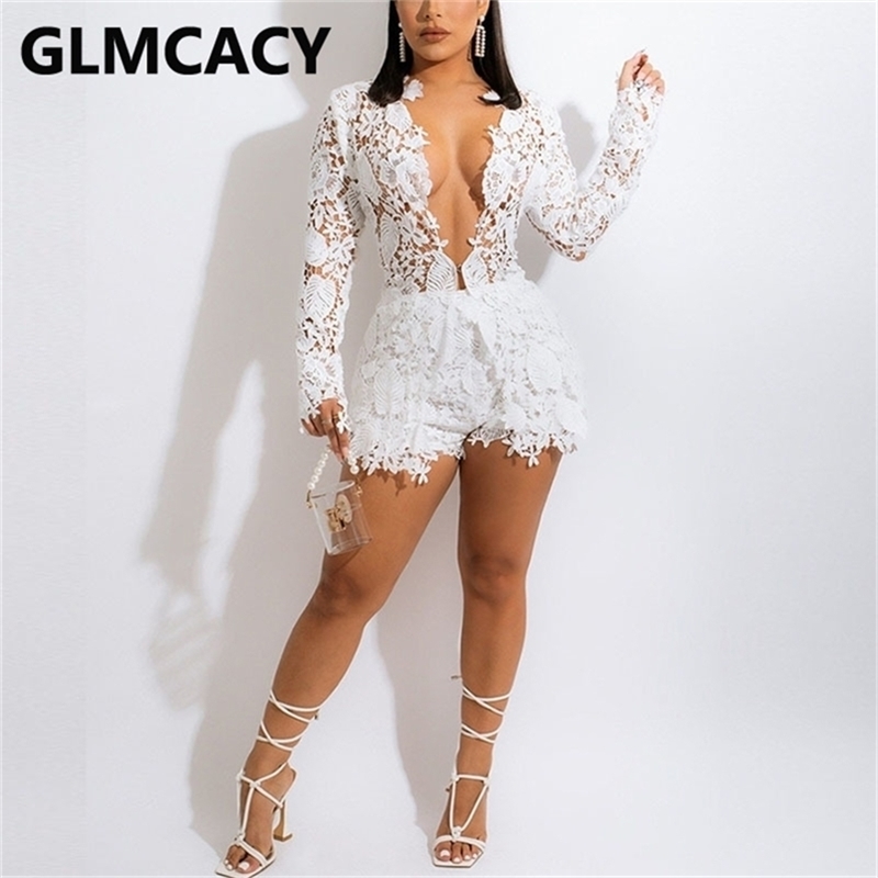 

Women Two Piece Chic Lace Suits Long Sleeve Plunge Neck Cardigans & Sexy Shorts Set 220511, White