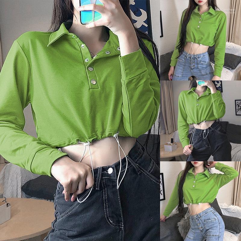 

Women's Fashion Solid Color Drawstring Lapel Short Sweatshirt Top Green Hoodies & Sweatshirts