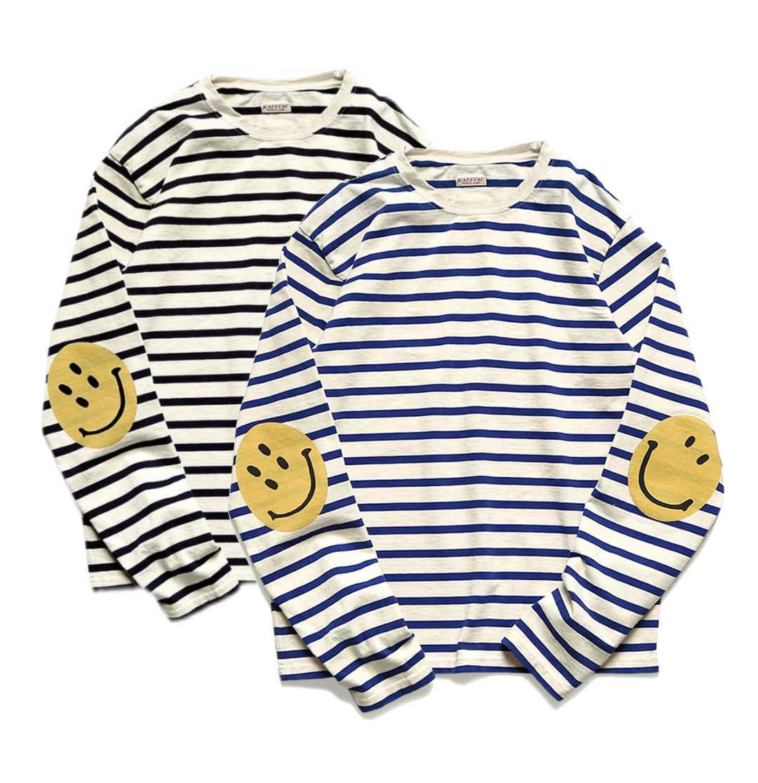 

Men' Hoodies Correct version Kapital striped smiling face printing Japanese men' and women' lovers leisure cotton long sleeved T-shirt bottom shirt, Rice white and black stripe