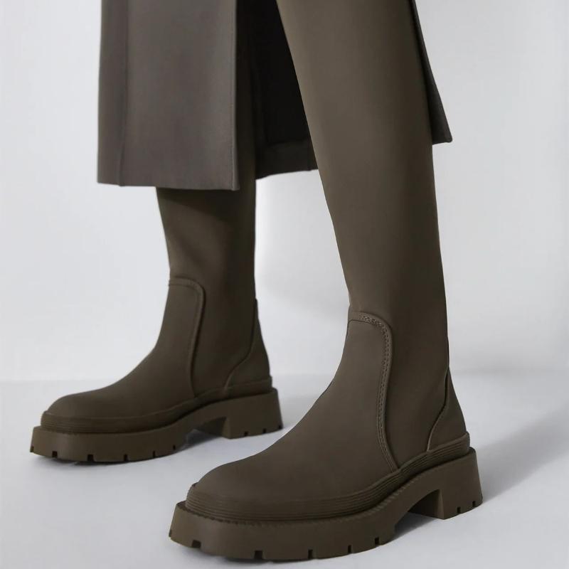 

Boots 2022 Autumn Women Knee High Khaki Green Flat Platform Round Toe Chunky Heel Long, Multi