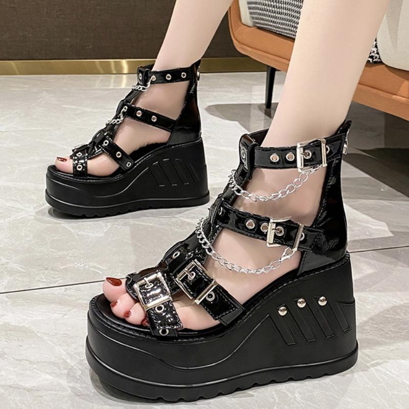 

Dress Shoes Female Stylish Gothic Zipper High Wedges Sandals Summer Platform Punk Street Women's Fish Mouth WomanDress, Matte black