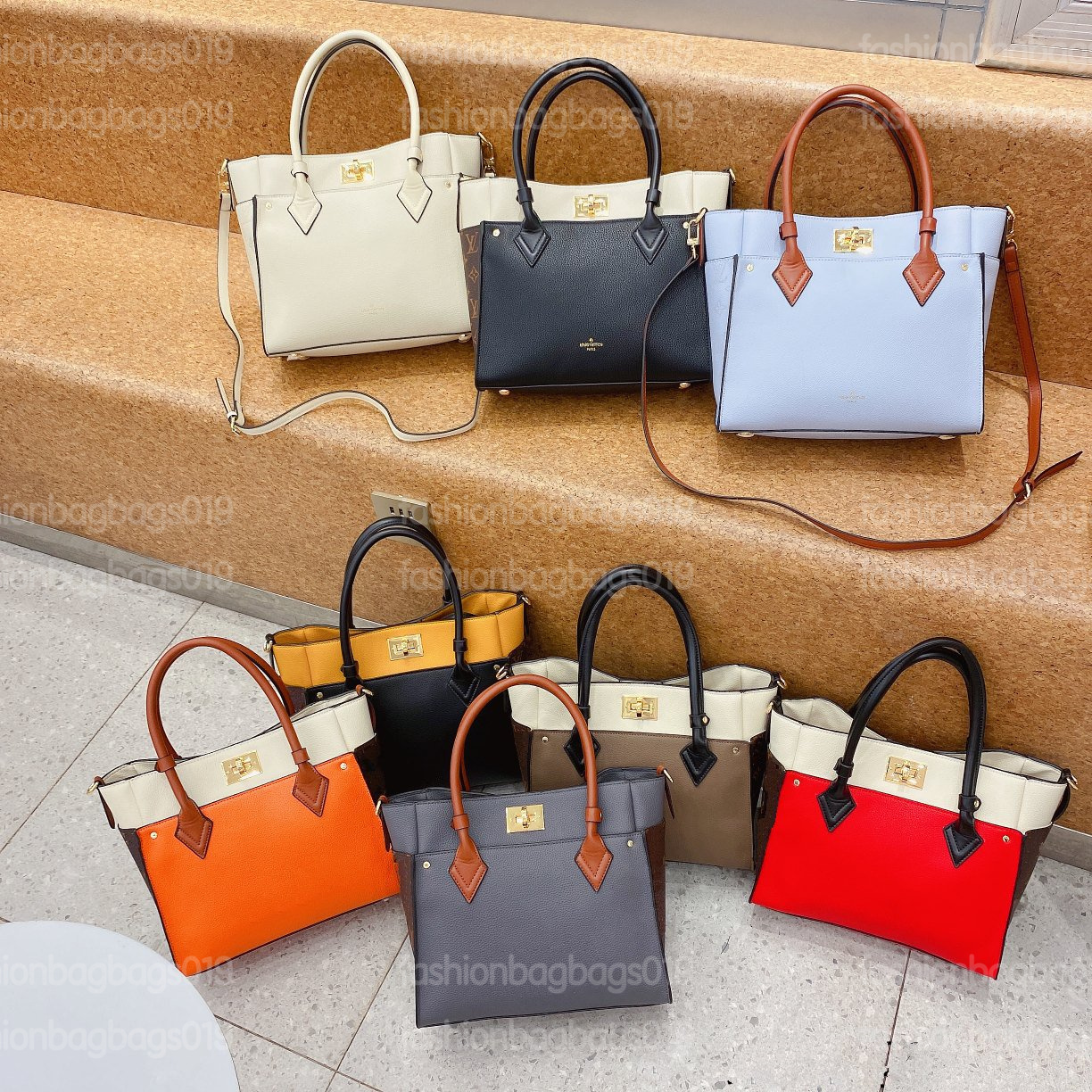 

ON MY SIDE MM Tote Elegant Bag Paneled Grained Calfskin Monograms Canvas with Twist Lock Vintage Limited Edition Womens Designer Luxurys Handbag