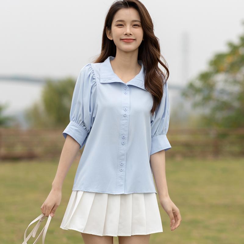 

Women' Blouses & Shirts Shirt Womens Tops French Style Vintage Short Sleeve Loose Puff Women DropWomen, Blue