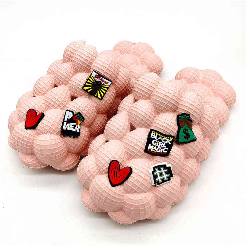 

2022 Women Summer Funny Creative Bubble Slides with Charms Luxury Brand Bubble Shoes Massage Slippers Unisex Bubble Slippers G220601, As pic