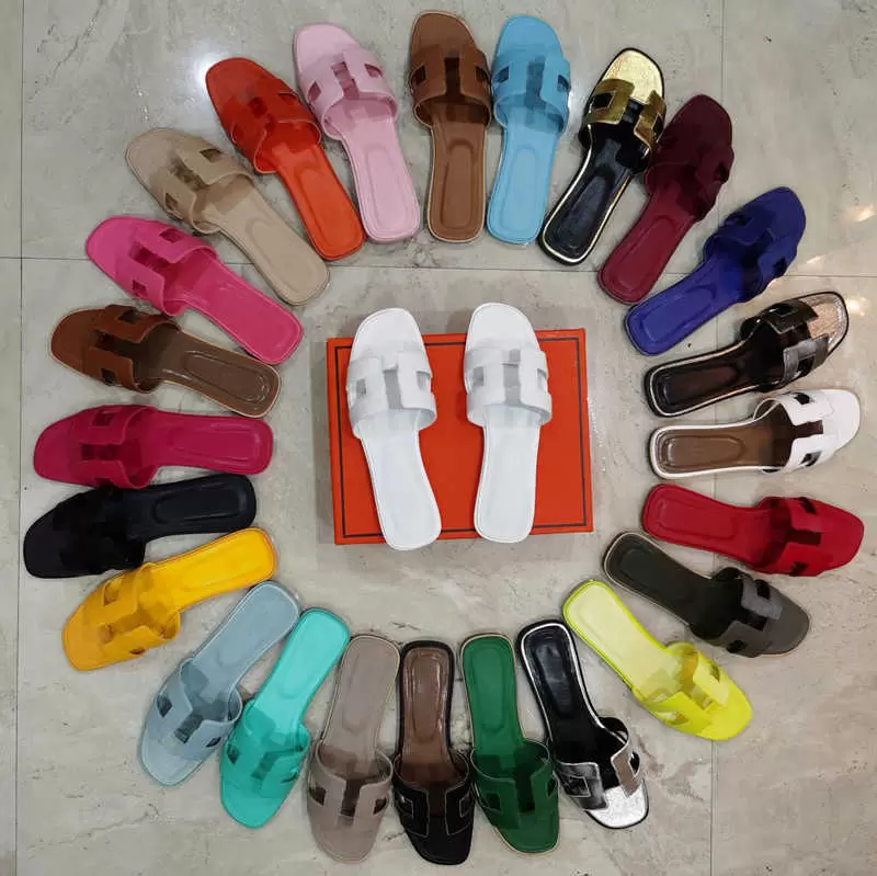 Fashion Women Slippers Oran Sandal Solid Beach Slides Lychee Skin Metallic Silver Lime Royal Dark Grey Khaki Maroon Fonce Classic Men Shoes