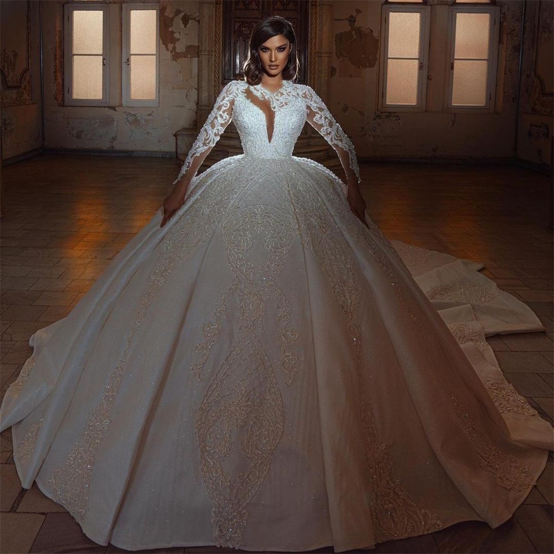 

Glitter Wedding Dresses for Women Royal Bridal Gowns Sheer Long Sleeved Lace Sequined Vintage Ball Gown Robe de Mariage, Pink