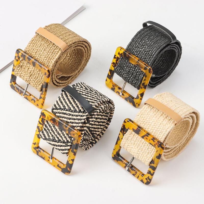

Belts Women Bohemian Braided Wide Leopard Buckle Waistbelt Elastic Straw BeltBelts, Black