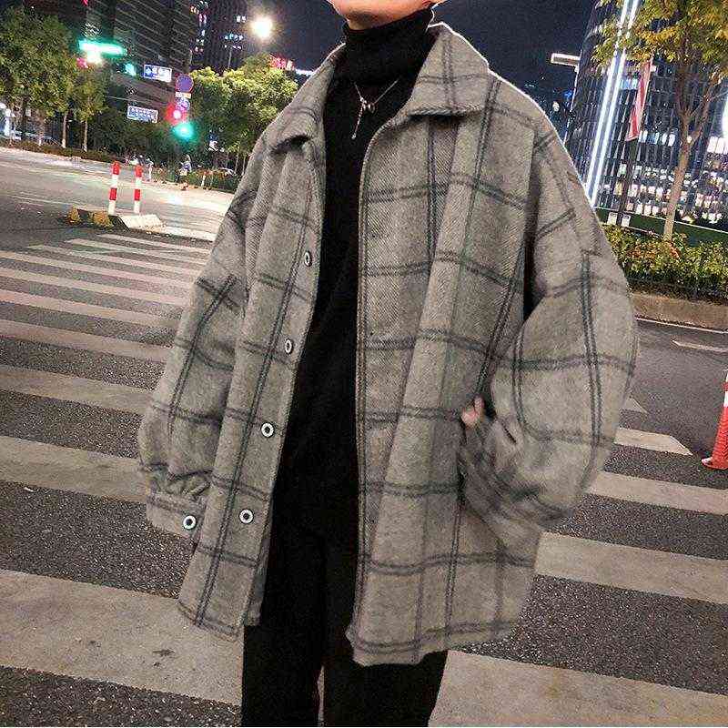 

Men's Wool & Blends Ins Winter Coat And Women's Korean Fashion Woolen Medium Long Plaid Windbreaker Autumn T220810, Gray