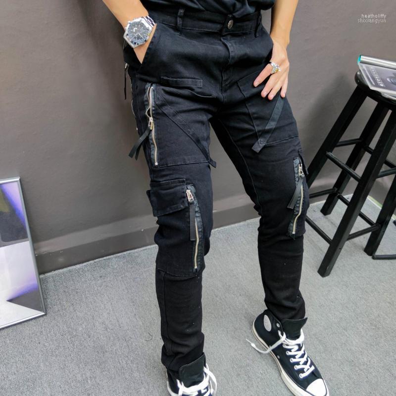 

Men's Jeans Black Zipper Decoration Mens Pant Men Erkek Jean Pantolon Fall Homme Slim Calf Pants Multi-pocket Skinny Heat22