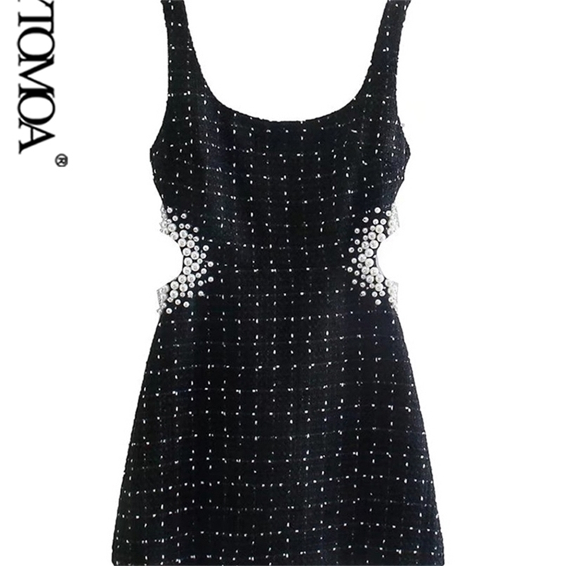 

KPYTOMOA Women Fashion With Pearl Beads Hollow Out Tweed Mini Dress Vintage Backless Zipper Wide Straps Female Dresses Vestidos 220406, As picture
