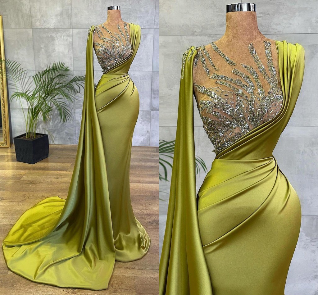

Arabic Lemon Green Satin Mermaid Prom Evening Dresses Sheer Mesh Top Sequin Beads Ruched Formal Occasion Wear Sweep Train Robe de soriee BC9574, Same as picture