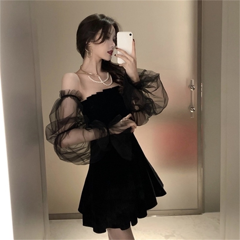 

Fashion Mesh Stitching Bubble Sleeve Dresses Women Spring &Autumn Strapless Waist Puffy Dress Black 220406