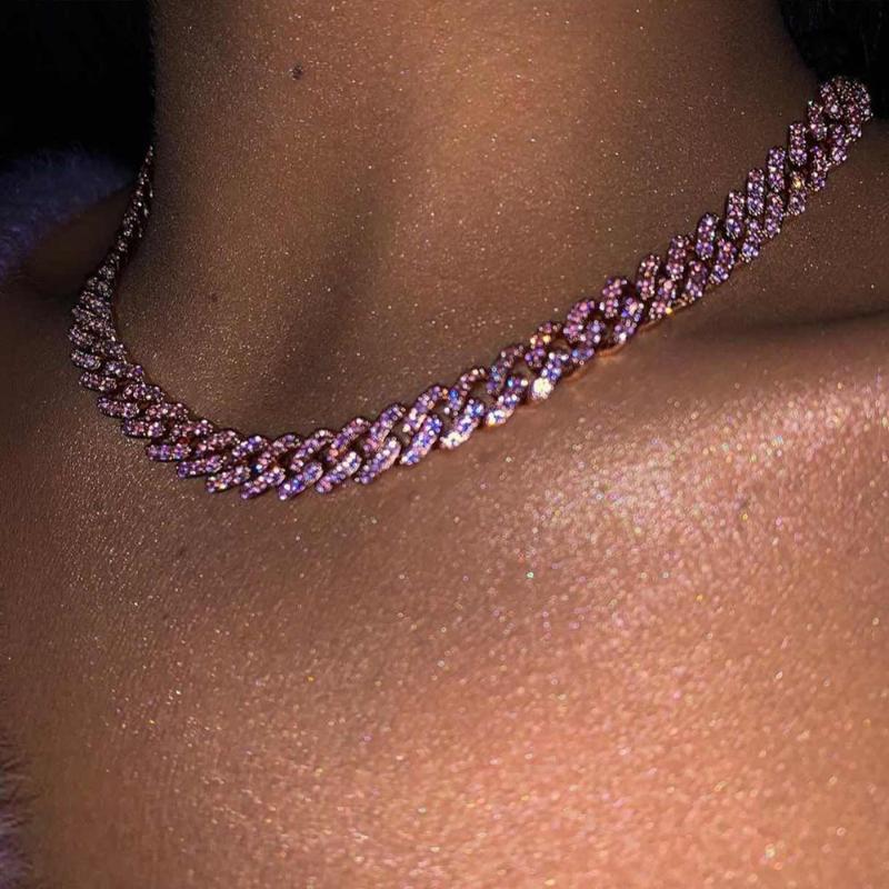 

Chains Pink Clear Crystal Paved Miami Curb Cuban Chain Necklace For Women Multicolor Iced Out Link Jewelry AdjustableChains