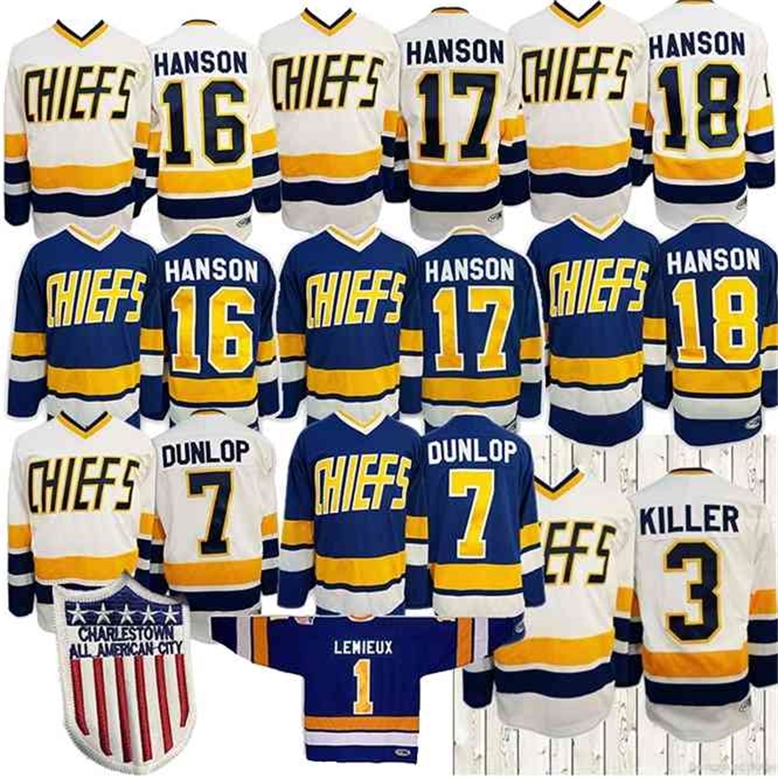 

Nikivip Hanson Brothers #16 #17 #18 Dunlop Reggie 7 Denis Lemieux 1 Dave Killer 3 Charlestown Chief Slap Shot Hockey Jersey S-3XL, As picture shown