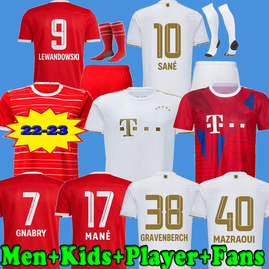 

MANE soccer jersey FANS Player 22 23 LEWANDOWSKI SANE KIMMICH MULLER DAVIES football shirt Men Kids sets kit 2022 2023 away white MUSIALA BAYERN munich GRAVENBERCH, Kids 22 23 home