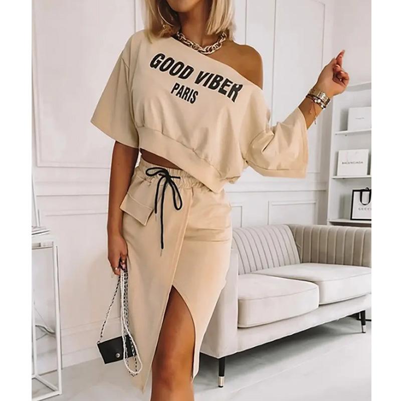 

Women' Tracksuits Fashion Women 2 Piece Set Outfits Streetwear Letter Print Casual Top & Slit Drawstring Skirt Set, Khaki
