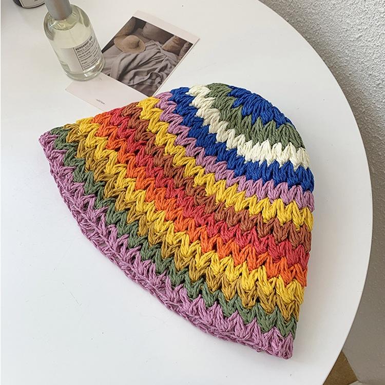 

Wide Brim Hats Ins Handwoven Rainbow Straw Hat Female Summer Hollow Japanese Face Small Sunshade Sunscreen Bucket Net Red Tide StyleWide