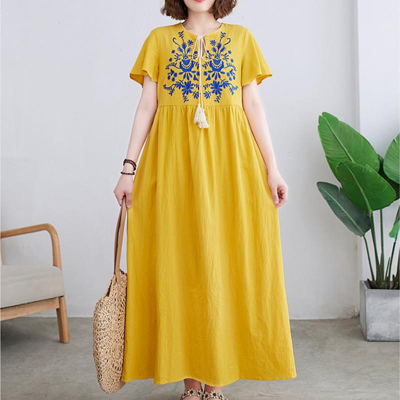 

Arrival Embroidery Floral Fashion Women Dress Cotton Linen Bandage Short Sleeve Loose Summer Travel Casual, Blue