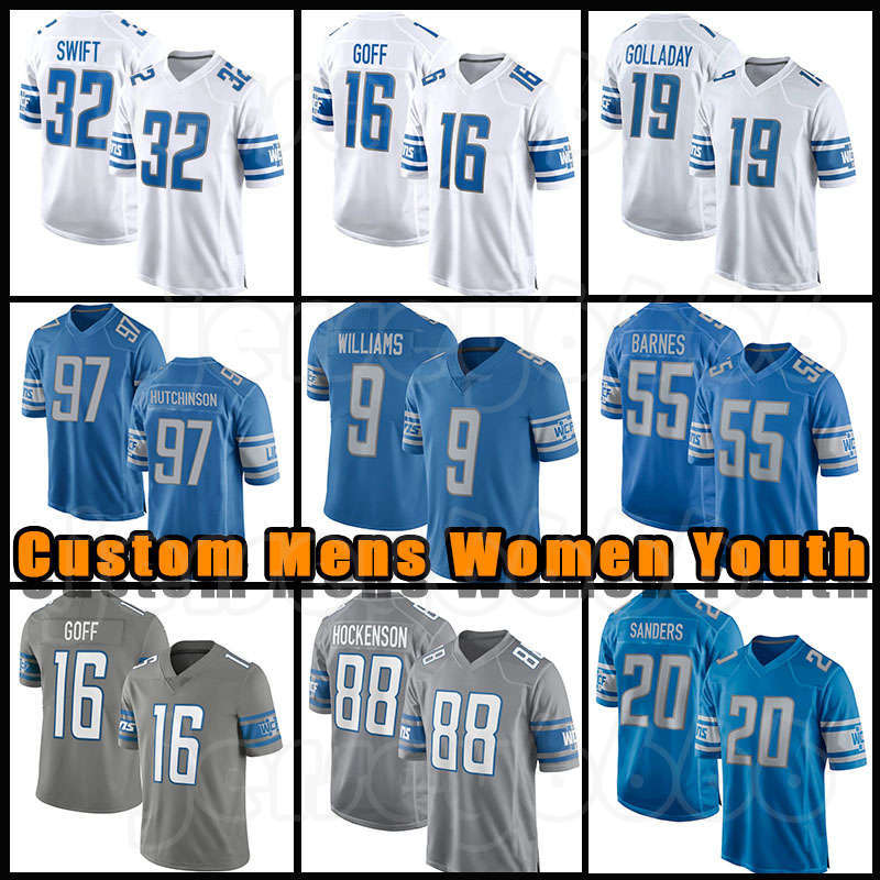

97 Aidan Hutchinson 14 Amon-Ra St. Brown Barry Sanders Football Jersey Jameson Williams Jared Goff D'Andre Swift Lions T.J. Hockenson Detroit Penei Sewell Derrick Barnes, Custom women(x s)