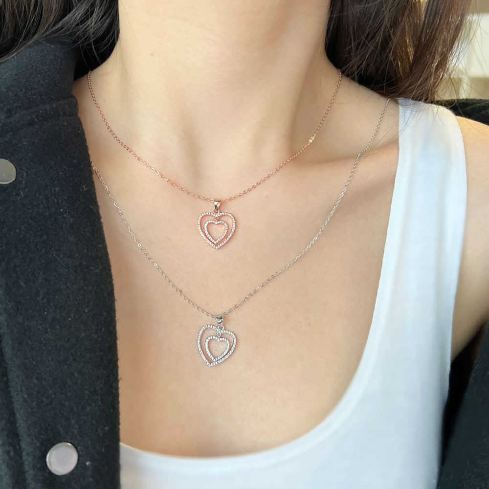 

S925 Sterling Silver ins Necklace temperament peach heart clavicle chain hollow out double-layer Pendant New High Quality