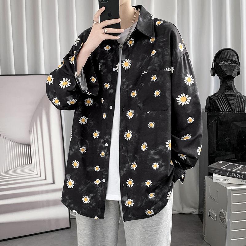 

Men's Casual Shirts Spring Flower Shirt Men Fashion Printing Streetwear Korean Loose Long-sleeved Mens Ice Silk -3XLMen's, Black