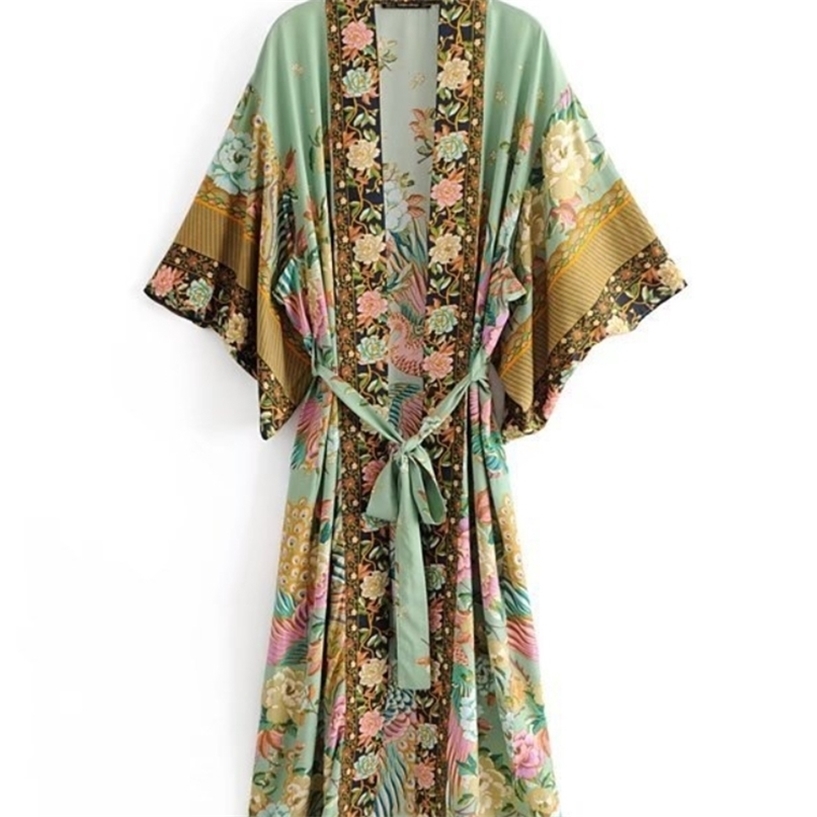 

Peacock floral print bat sleeve beach Bohemian Kimono robe for women Ladies V neck Tassel Summer dress happie boho cover-up 220418, Grey