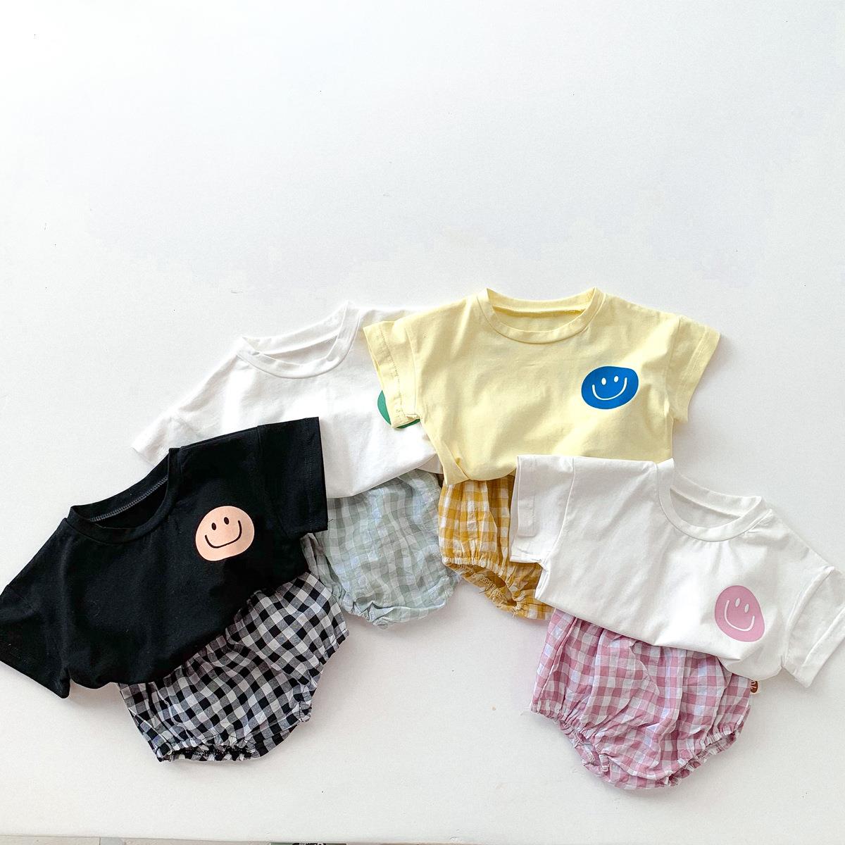 

Summer Baby Smiley Print Clothes Set Infant Girls Short Sleeve T Shirt Plaid Pp Shorts 2pcs Outfits Kids Boys Suit, Black
