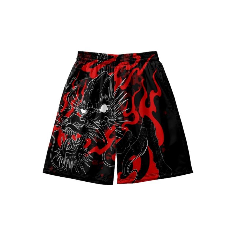 

Men's Shorts Black Red Summer Chinese Style Dragon Print Male Streetwear Beach Casual Loose Men Women Elastic Waist Running ShortsMen's