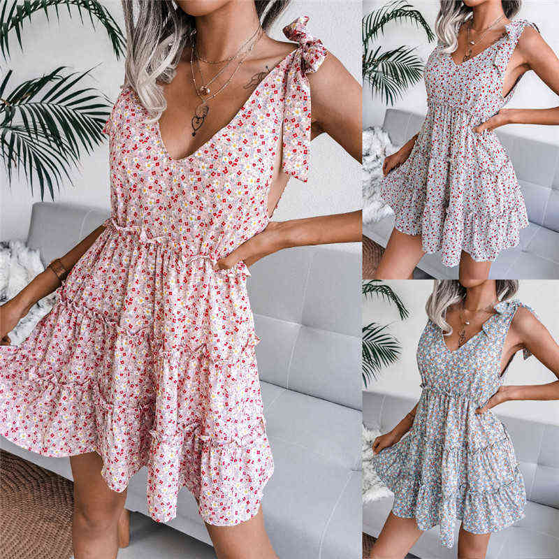 

Summer Resort Style Casual Lace-Up V-Neck Floral Chiffon Dress Y220401, 02